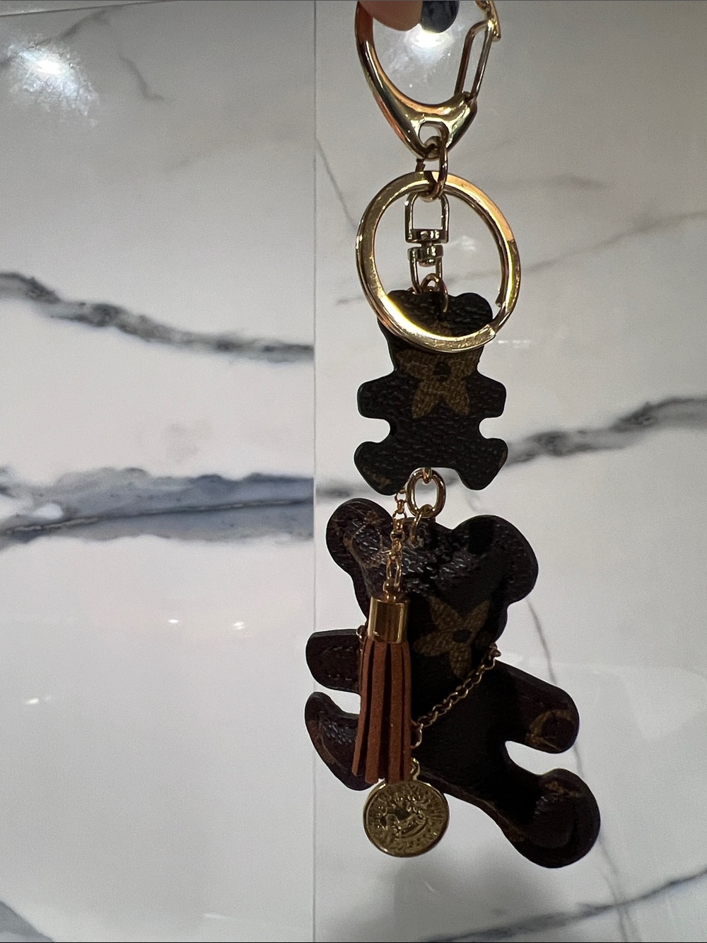 Designer-Inspired Brown Teddy Bear Keychain with Gold Charm - Picture 3 of 4